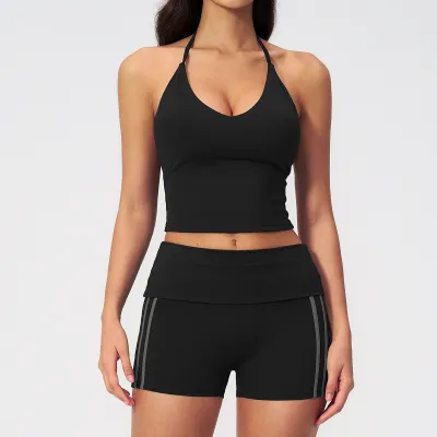 Yoga Women Fashion Contrast Halter Top And Shorts Sports Two-Piece Set