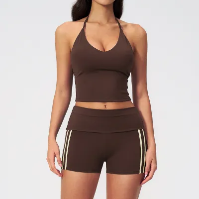 Yoga Women Fashion Contrast Halter Top And Shorts Sports Two-Piece Set