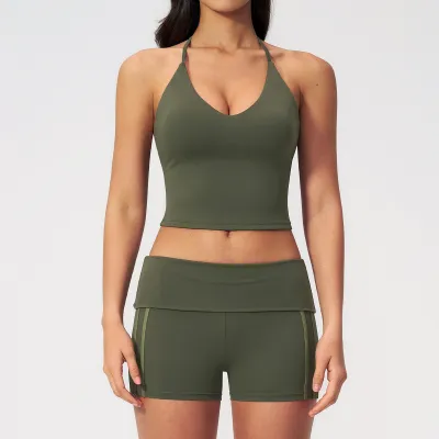 Yoga Women Fashion Contrast Halter Top And Shorts Sports Two-Piece Set