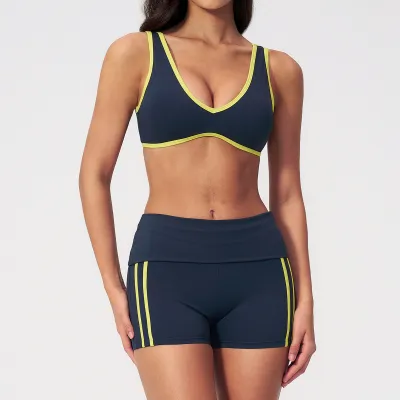 Women Yoga Fashion High Waist Tight Fitness Shorts Sports Two-Piece Set
