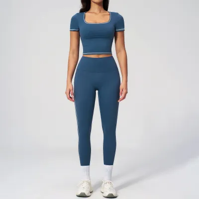Yoga Women'S Fashion Contrast Short Sleeve Top And Sports Leggings Two-Piece Set