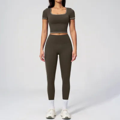 Yoga Women'S Fashion Contrast Short Sleeve Top And Sports Leggings Two-Piece Set