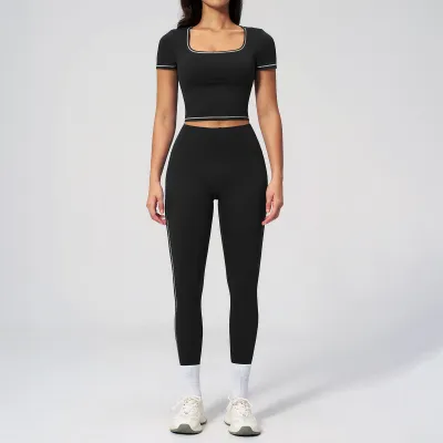 Yoga Women'S Fashion Contrast Short Sleeve Top And Sports Leggings Two-Piece Set
