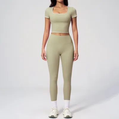 Yoga Women'S Fashion Contrast Short Sleeve Top And Sports Leggings Two-Piece Set