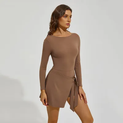 Women Fashion Casual Summer Solid Color Long-Sleeve Lace-Up Sports Tennis Dress