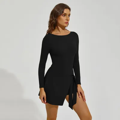 Women Fashion Casual Summer Solid Color Long-Sleeve Lace-Up Sports Tennis Dress