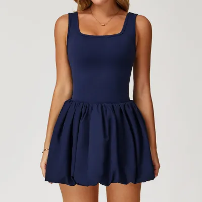 Women Fashion Casual Summer Solid Color Fake Sleeveless Pleated Two-Piece Sports Tennis Dress