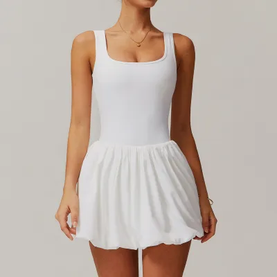 Women Fashion Casual Summer Solid Color Fake Sleeveless Pleated Two-Piece Sports Tennis Dress