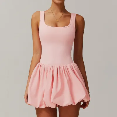 Women Fashion Casual Summer Solid Color Fake Sleeveless Pleated Two-Piece Sports Tennis Dress