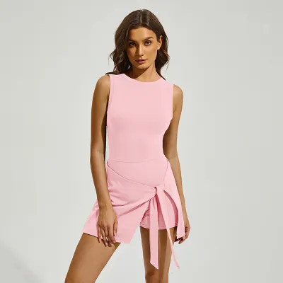 Women Fashion Casual Summer Solid Color Sleeveless Lace-Up Breathable Sports Tennis Dress