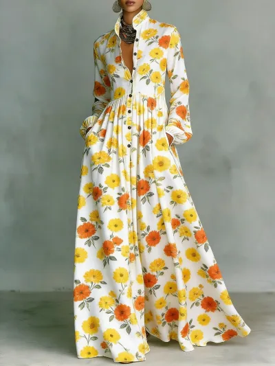 Vacation Women Casual Elegant Printed Long Sleeve Single-Breasted Maxi Dress