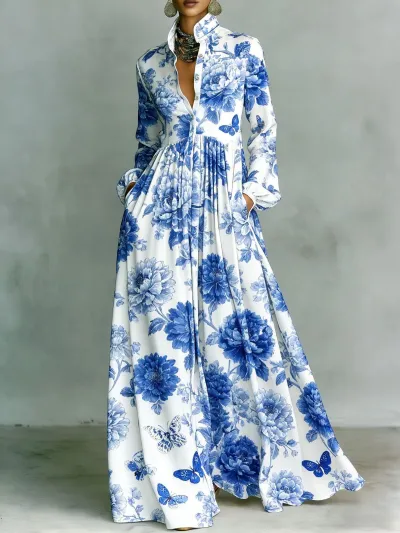 Vacation Women Casual Elegant Printed Long Sleeve Single-Breasted Maxi Dress