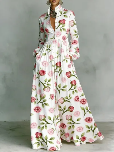 Vacation Women Casual Elegant Printed Long Sleeve Single-Breasted Maxi Dress