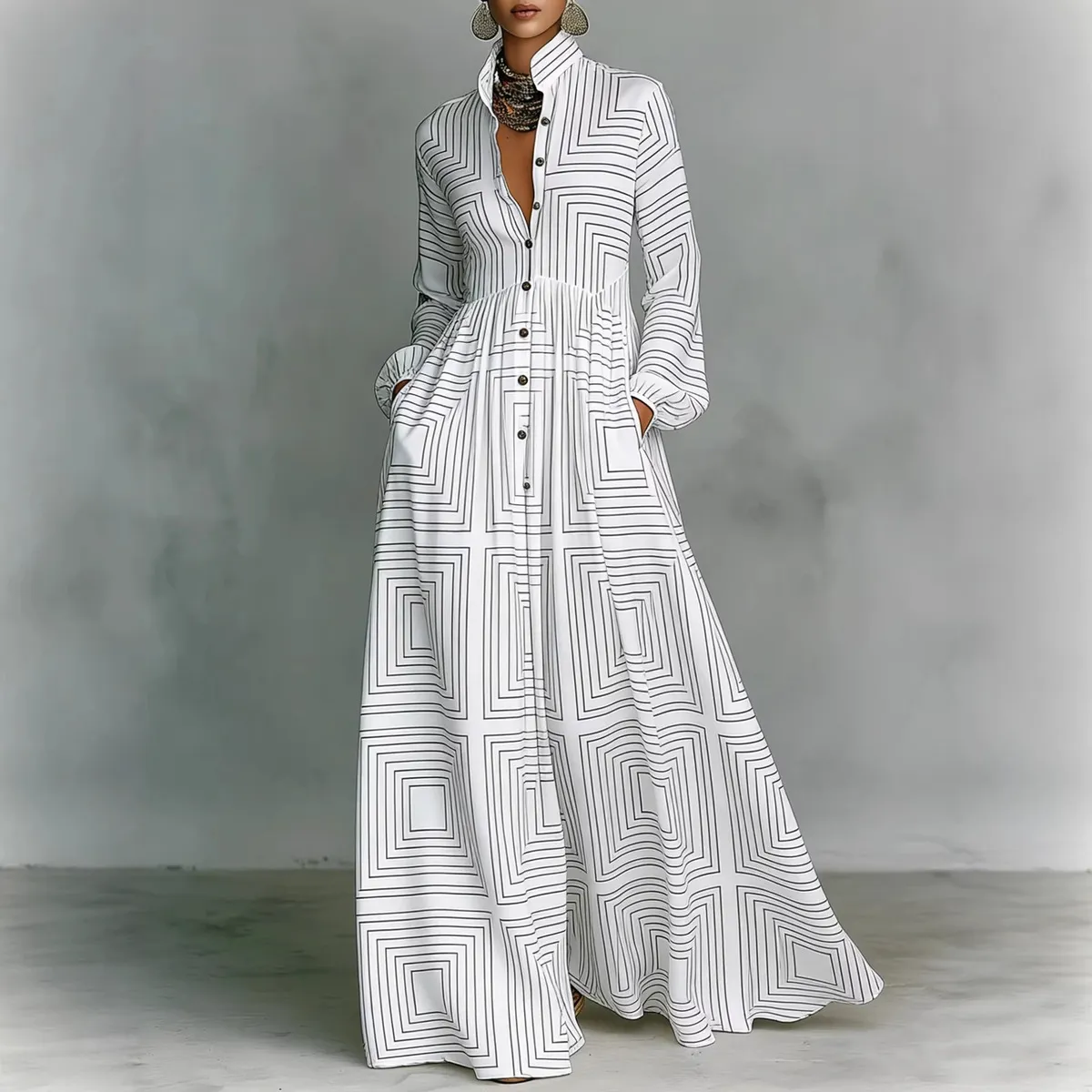 Vacation Women Casual Elegant Printed Long Sleeve Single-Breasted Maxi Dress