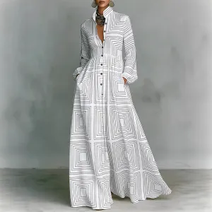 Vacation Women Casual Elegant Printed Long Sleeve Single-Breasted Maxi Dress