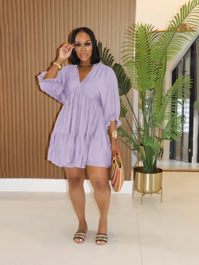 Vacation Women Casual Solid Color V-Neck Style Mini Dress