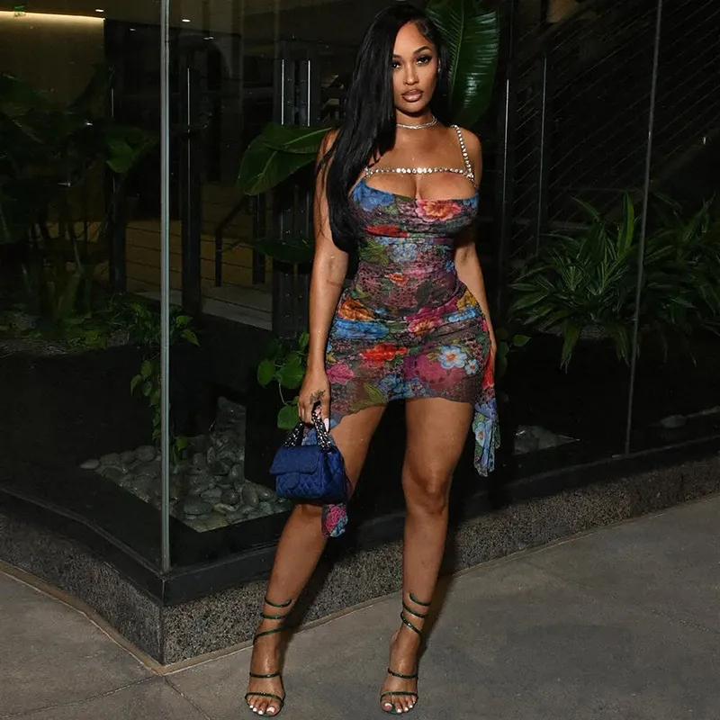 Summer Women Sexy Floral Print Rhinestone Shoulder Strap Mini Dress