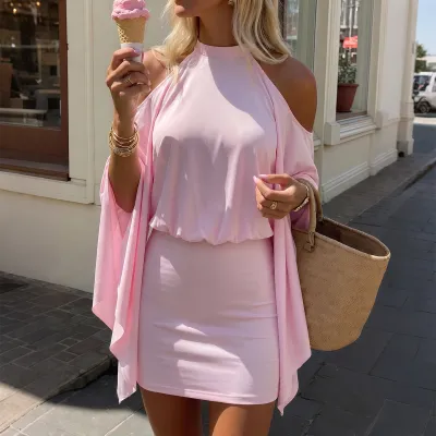 Summer Women Street Sexy Solid Shoulder Mini Dress
