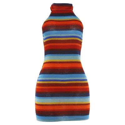 Y2K Women'S Sexy Backless Neck Stripe Contrast Mini Dress