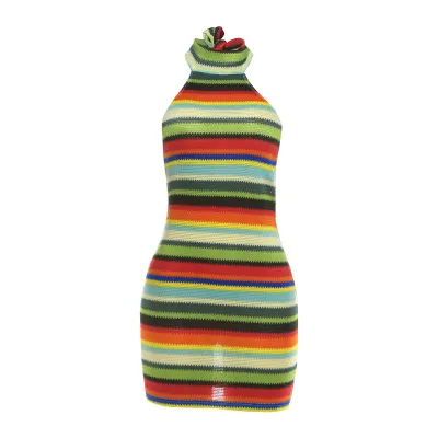 Y2K Women'S Sexy Backless Neck Stripe Contrast Mini Dress