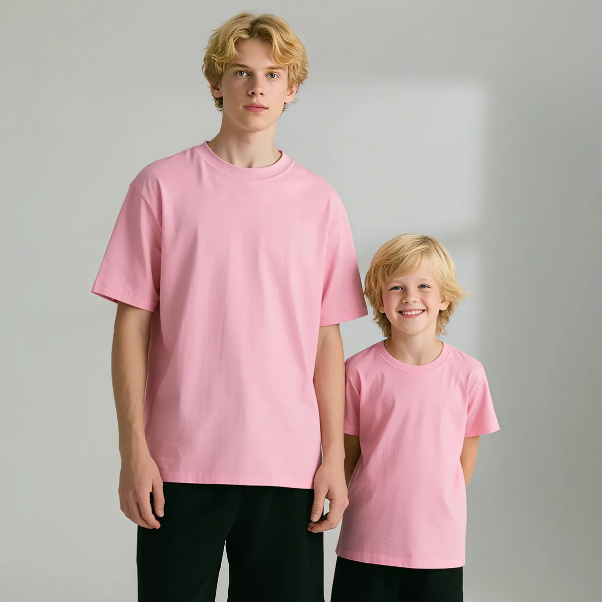 Father Kids Fashion Casual Solid Color Cotton Short-Sleeve T-Shirt Family Matching Outfits DIY Customizable