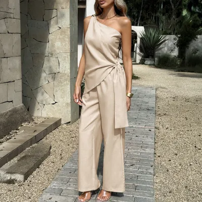 Women Fashion Casual Summer Solid Color Slanted Shoulder Sleeveless Lace-Up Top Wide Leg Pants Two-Piece Set