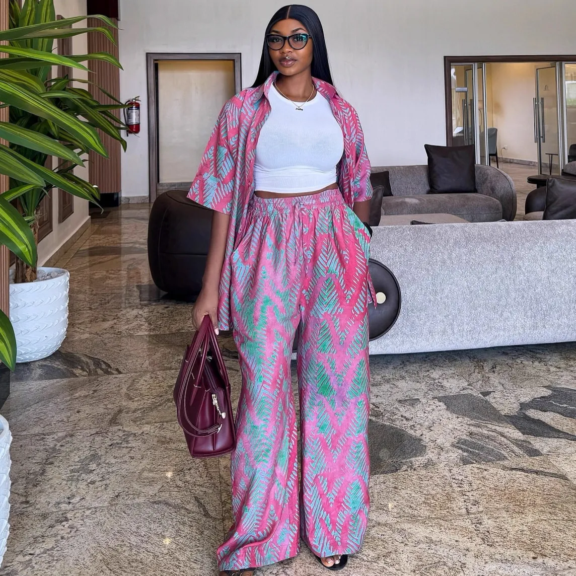 Women Fashion Casual Summer Printed Lapel Short-Sleeve Blouse High Waist Wide Leg Pants African Two-Piece Set