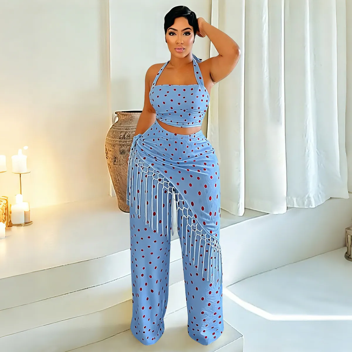 Women Fashion Sexy Summer Polka Dot Print Halter-Neck Backless Crop Top Tassel Pants Two-Piece Set