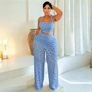 Women Fashion Sexy Summer Polka Dot Print Halter-Neck Backless Crop Top Tassel Pants Two-Piece Set