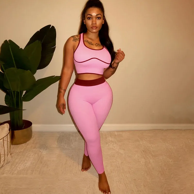 Women Fashion Sexy Spring Contrast Color Tank Top High Waist Tight Pants Two-Piece Set
