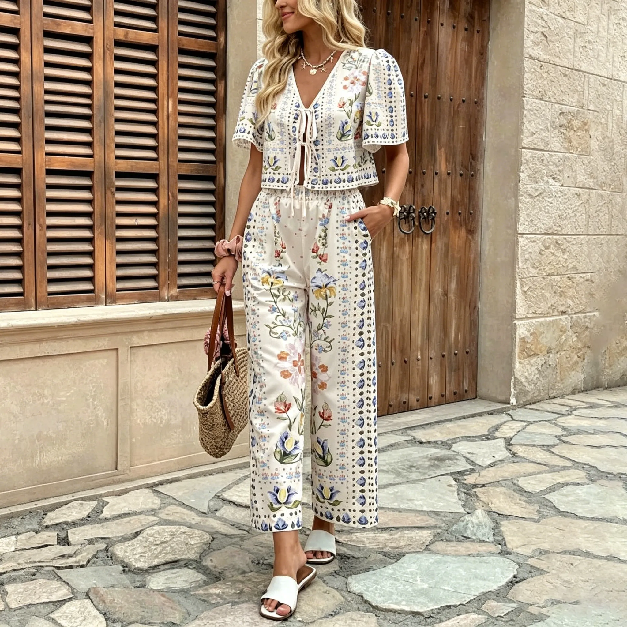 Women Fashion Casual Summer Boho Printed Short-Sleeve Top High Waist Loose Pants Two-Piece Set