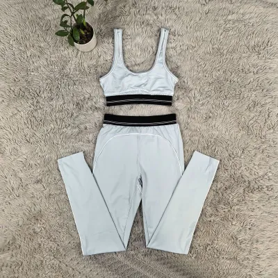 Women Fashion Casual Contrast Color Sleeveless Bra High Waist Pants Sports Yoga Two-Piece Set