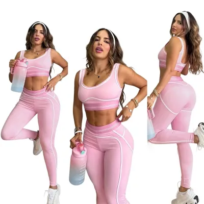 Women Fashion Casual Contrast Color Sleeveless Bra High Waist Pants Sports Yoga Two-Piece Set