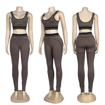 Women Fashion Casual Contrast Color Sleeveless Bra High Waist Pants Sports Yoga Two-Piece Set