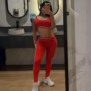 Women Fashion Casual Contrast Color Sleeveless Bra High Waist Pants Sports Yoga Two-Piece Set