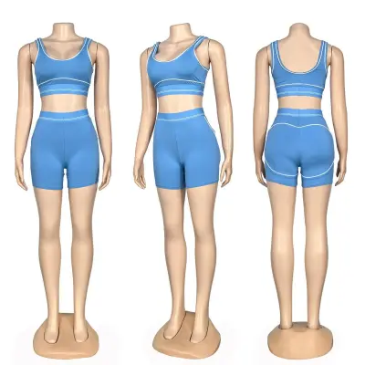 Women Fashion Sexy Contrast Colot Bra High Elastic High Waist Shorts Yoga Sports Two-Piece Set