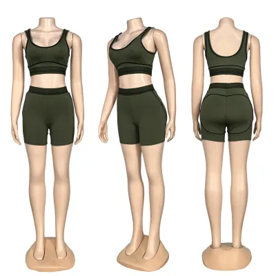 Women Fashion Sexy Contrast Colot Bra High Elastic High Waist Shorts Yoga Sports Two-Piece Set