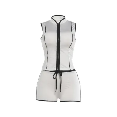 Women Fashion Summer Line Sleeveless Zipper Tank Top Tight Shorts Two-Piece Set