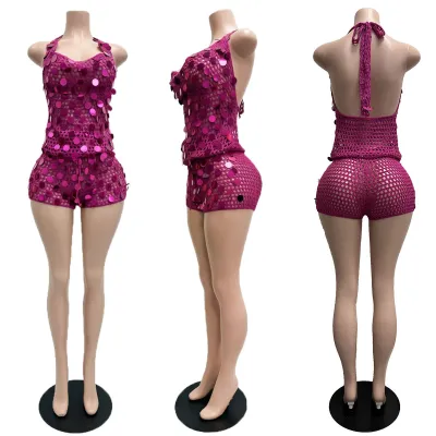 Summer Vacation Women Sexy Sequins Crochet Mesh Beach Cowl Neck Set