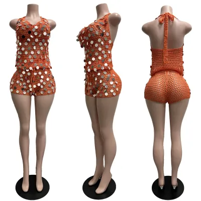 Summer Vacation Women Sexy Sequins Crochet Mesh Beach Cowl Neck Set