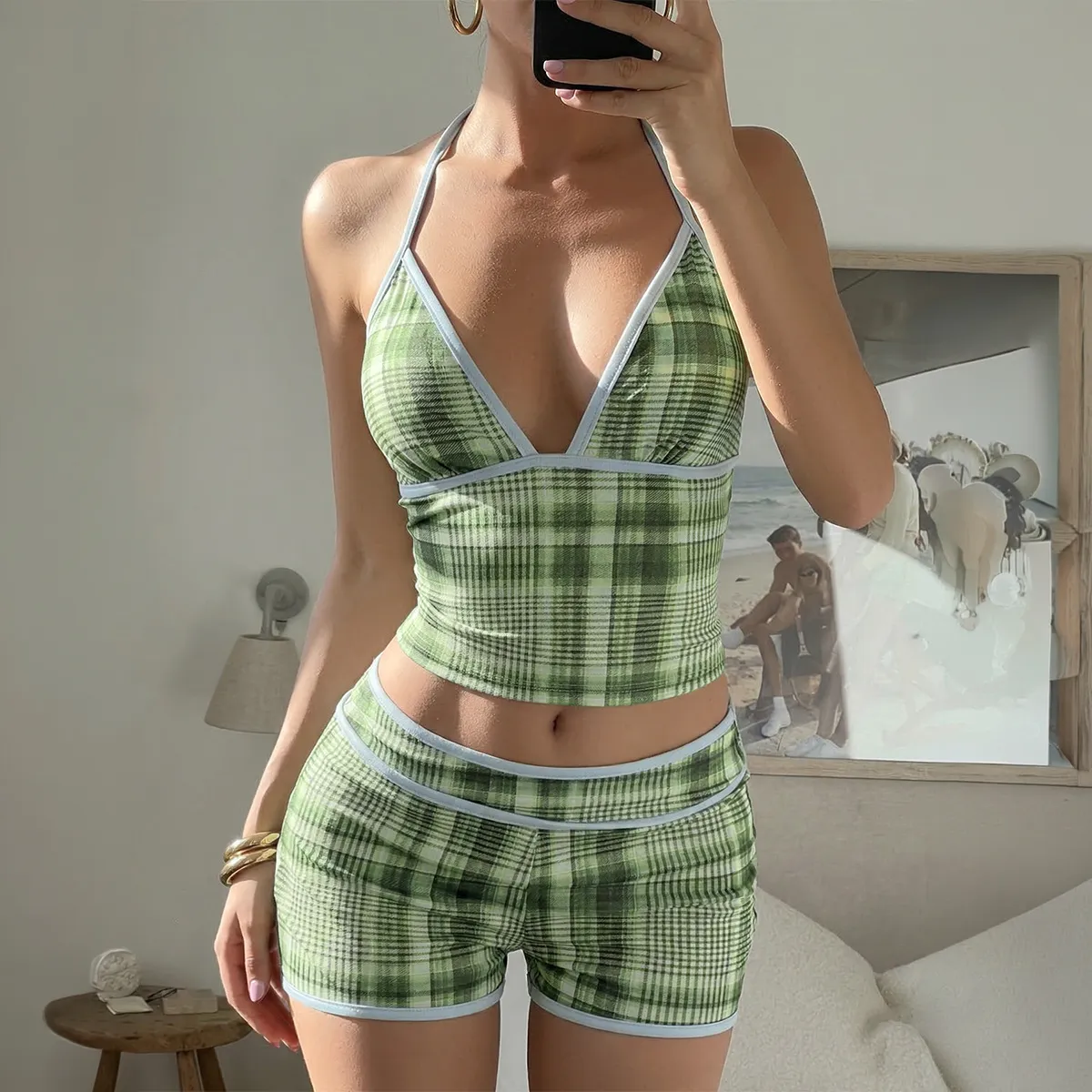 Women Fashion Sexy Summer Printed Halter-Neck Backless Camisole Tight Shorts Two-Piece Set