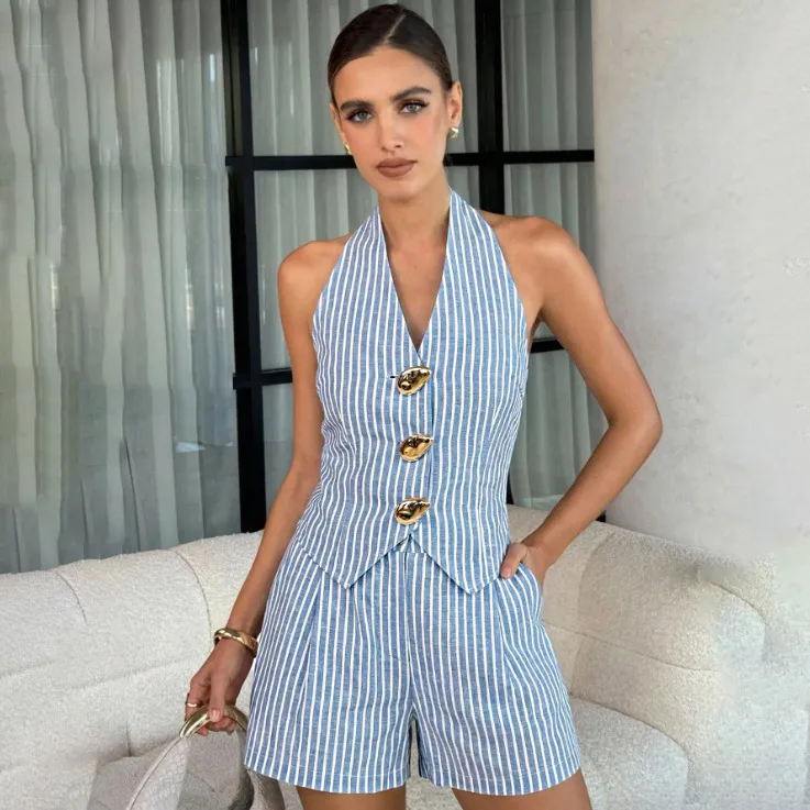 Women Fashion Casual Summer Stripe Metal Buckle Halter-Neck Sleeveless Backless Vest Loose Shorts Two-Piece Set