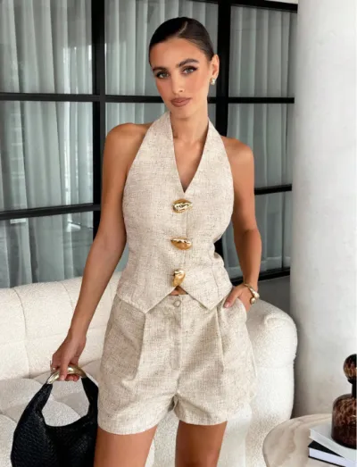 Women Fashion Casual Summer Solid Color Metal Button Halter-Neck Backless Vest Loose Shorts Two-Piece Set