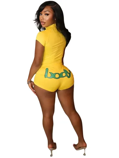 Women Fashion Letter Printed Half-Zip Short-Sleeve Croptop Tight Shorts Two-Piece Set