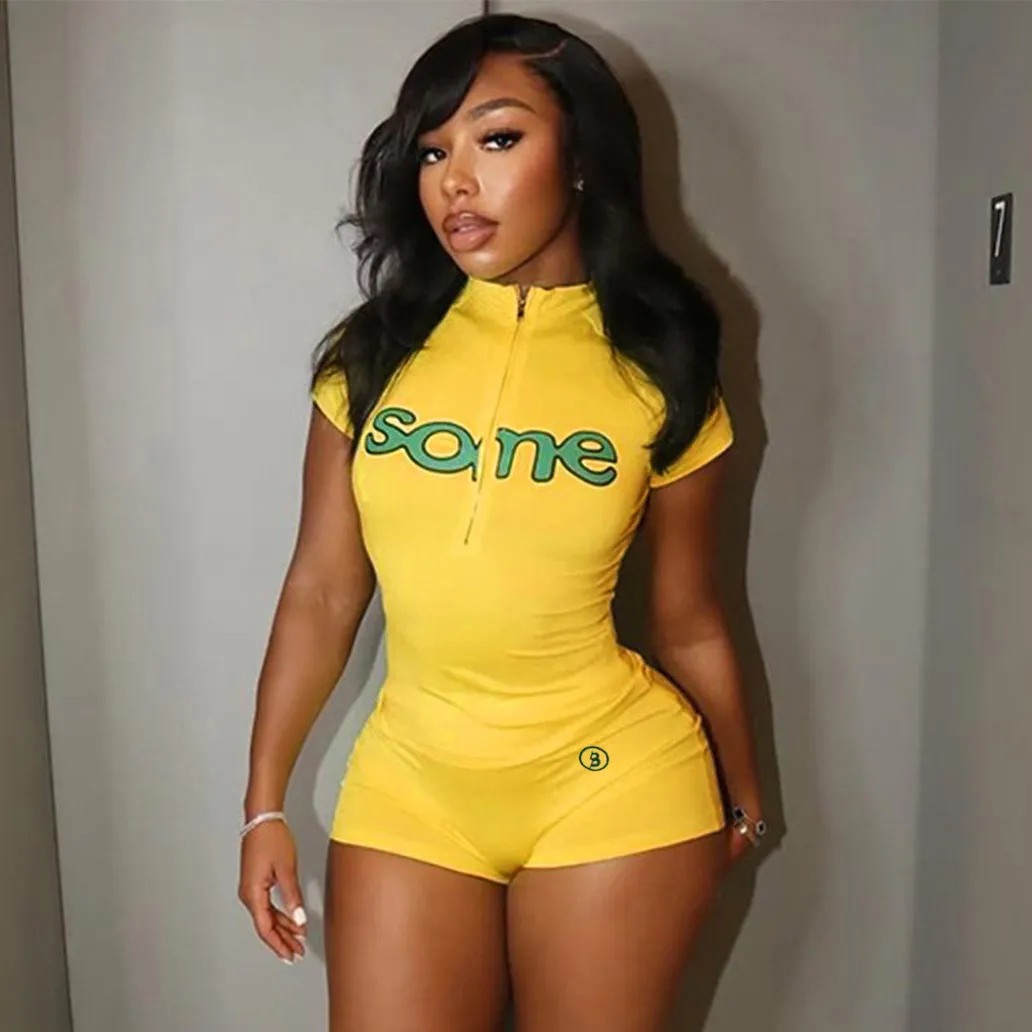 Women Fashion Letter Printed Half-Zip Short-Sleeve Croptop Tight Shorts Two-Piece Set