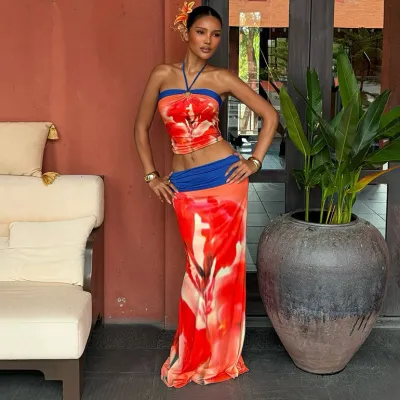 Women Fashion Sexy Summer Printed Halter-Neck Crop Top Maxi Skirts Two-Piece Set