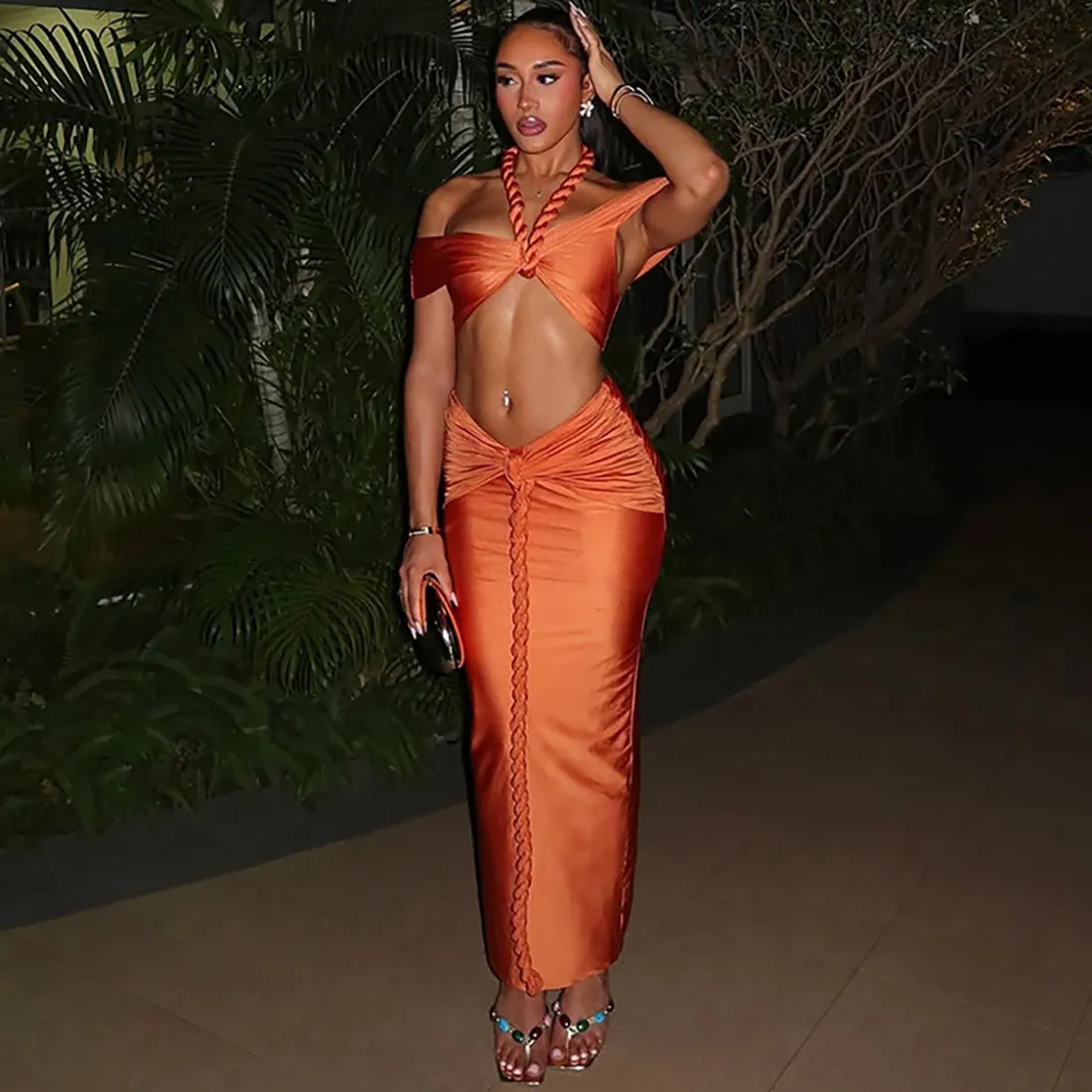 Women Fashion Sexy Summer Solid Color Halter-Neck Tube Top Maxi Slim Fit Skirt Two-Piece Set