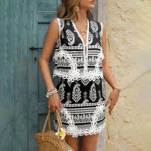 Women Fashion Casual Spring And Summer Boho Printed Vest Slim Fit Mini Skirt Two-Piece Set