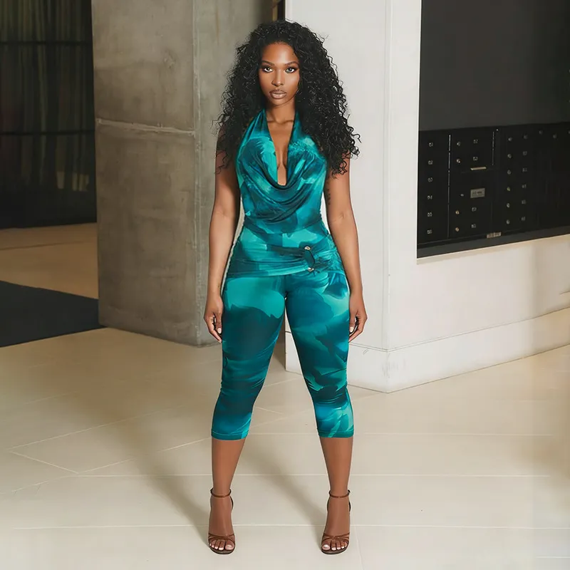 Summer Women Fashion Print Cowl Neck Backless Top And Cropped Pants Two-Piece Set