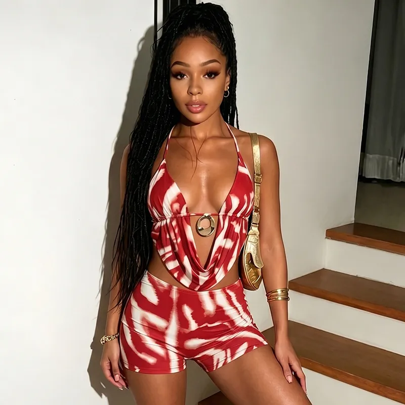 Women Sexy Print Cowl Neck Strap Halter Top And Shorts Two-Piece Set
